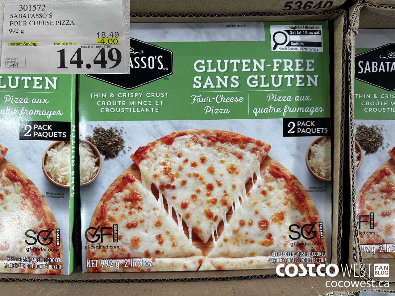 301572 SABATASSO'S GLUTEN-FREE CHEESE PIZZA 2 X 496 G ($4.00 INSTANT SAVINGS EXPIRES ON 2025-09-14) $14.49