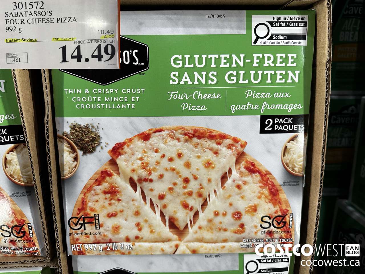 301572 SABATASSO'S GLUTEN-FREE CHEESE PIZZA 2 X 496 G ($4.00 INSTANT SAVINGS EXPIRES ON 2025-09-14) $14.49