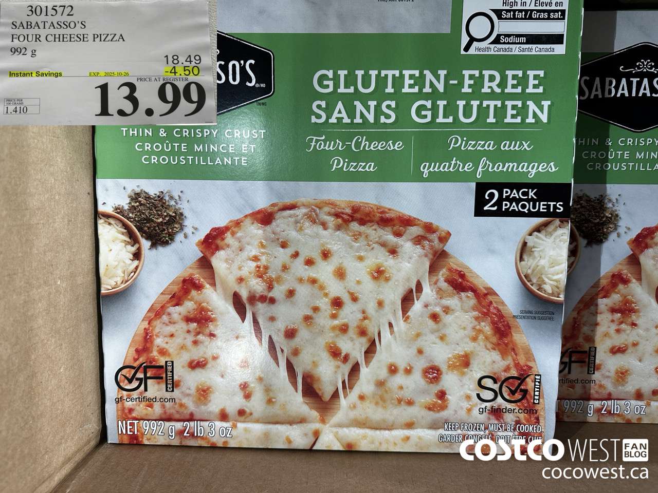 301572 SABATASSO'S GLUTEN-FREE CHEESE PIZZA 2 X 496 G ($4.50 INSTANT SAVINGS EXPIRES ON 2025-10-26) $13.99