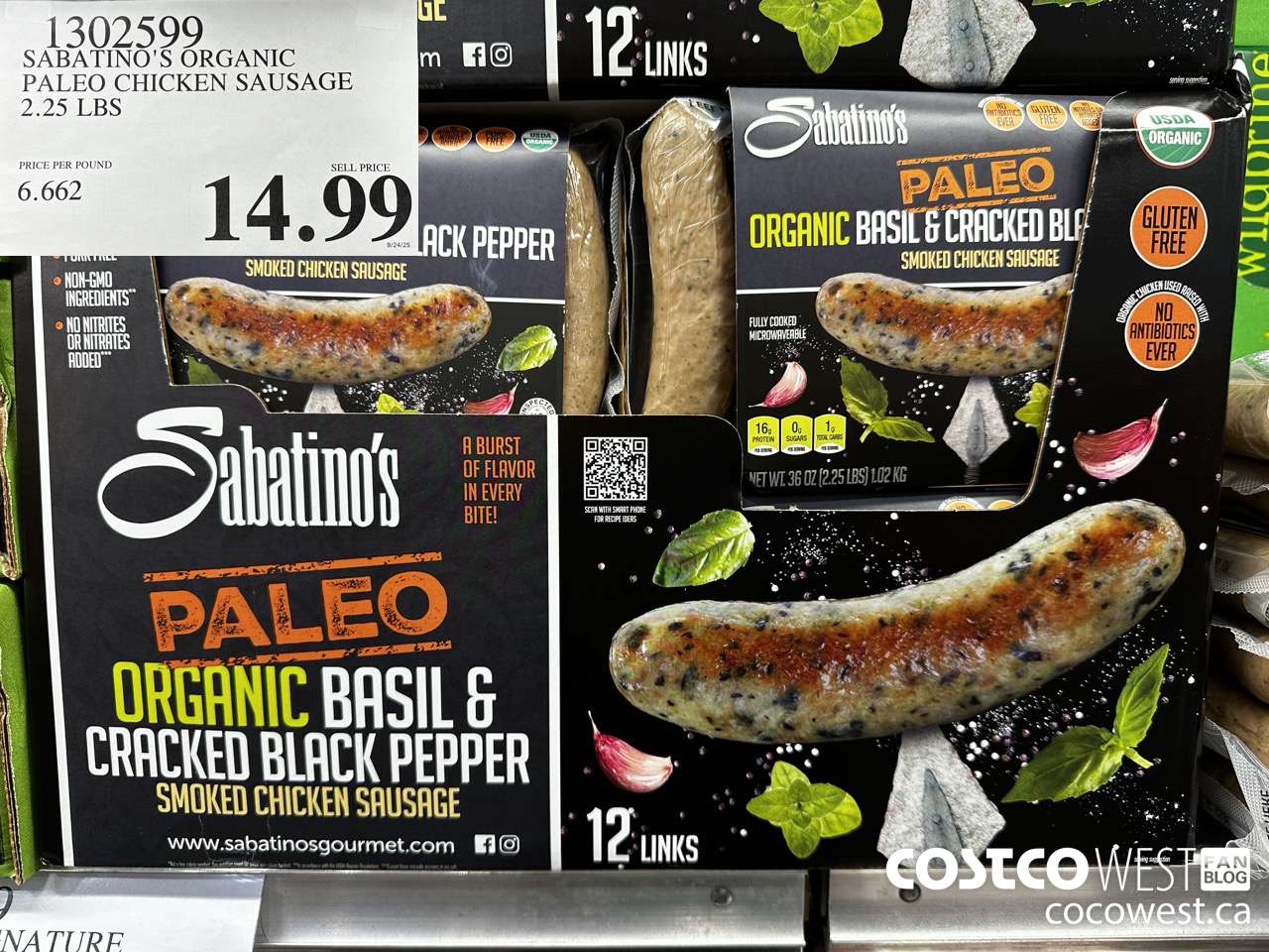 1302599 SABATINO'S ORGANIC PALEO CHICKEN SAUSAGE 2.25 LBS $14.99