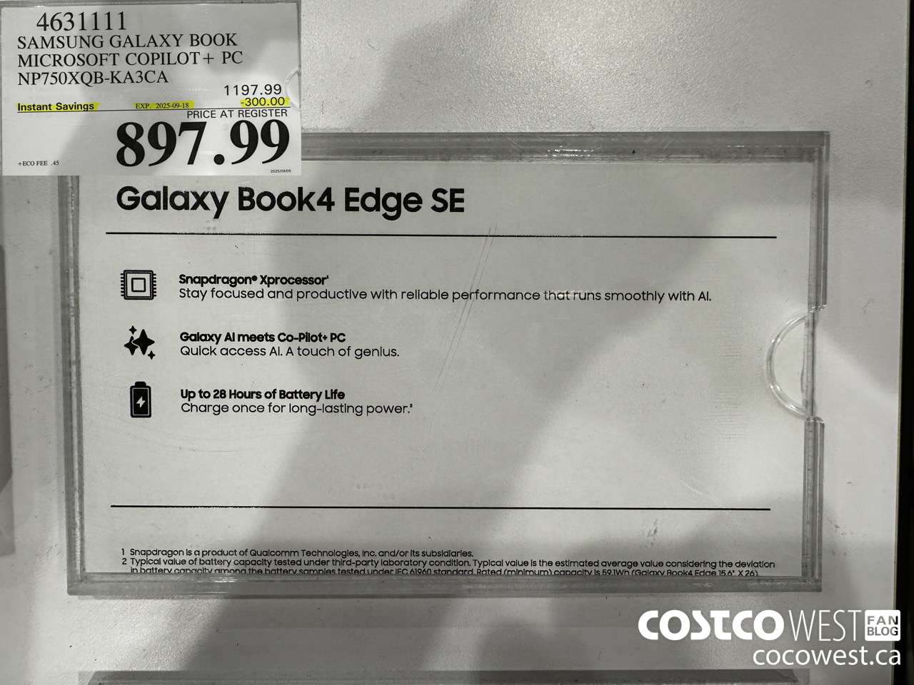 4631111 SAMSUNG GALAXY BOOK MICROSOFT COPILOT + PC NP750XQB-KA3CA ($300.00 INSTANT SAVINGS EXPIRES ON 2025-09-18) $897.99