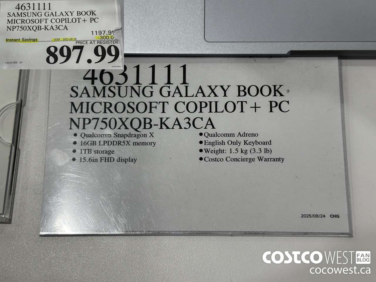4631111 SAMSUNG GALAXY BOOK MICROSOFT COPILOT + PC NP750XQB-KA3CA ($300.00 INSTANT SAVINGS EXPIRES ON 2025-09-18) $897.99