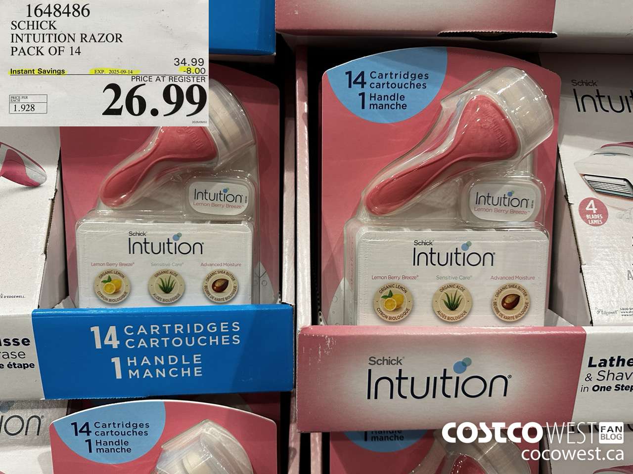 1648486 SCHICK INTUITION 14 CARTRIDGES + RAZOR ($8.00 INSTANT SAVINGS EXPIRES ON 2025-09-14) $26.99
