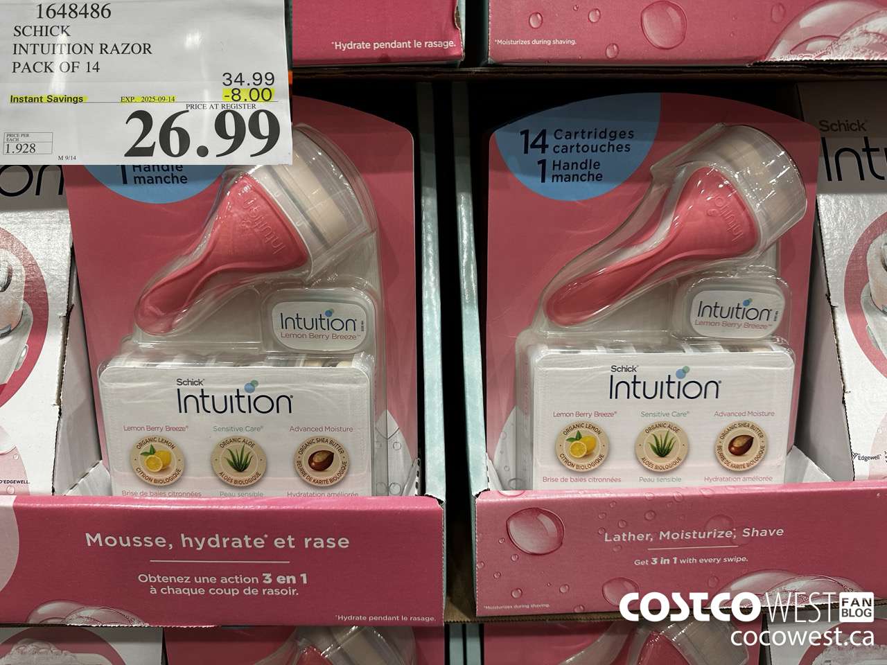 1648486 SCHICK INTUITION 14 CARTRIDGES + RAZOR ($8.00 INSTANT SAVINGS EXPIRES ON 2025-09-14) $26.99