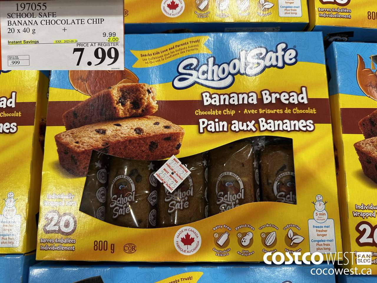 197055 SCHOOL SAFE CHOCOLATE CHIP BANANA BREAD 20 X 40 G ($2.00 INSTANT SAVINGS EXPIRES ON 2025-09-14) $7.99