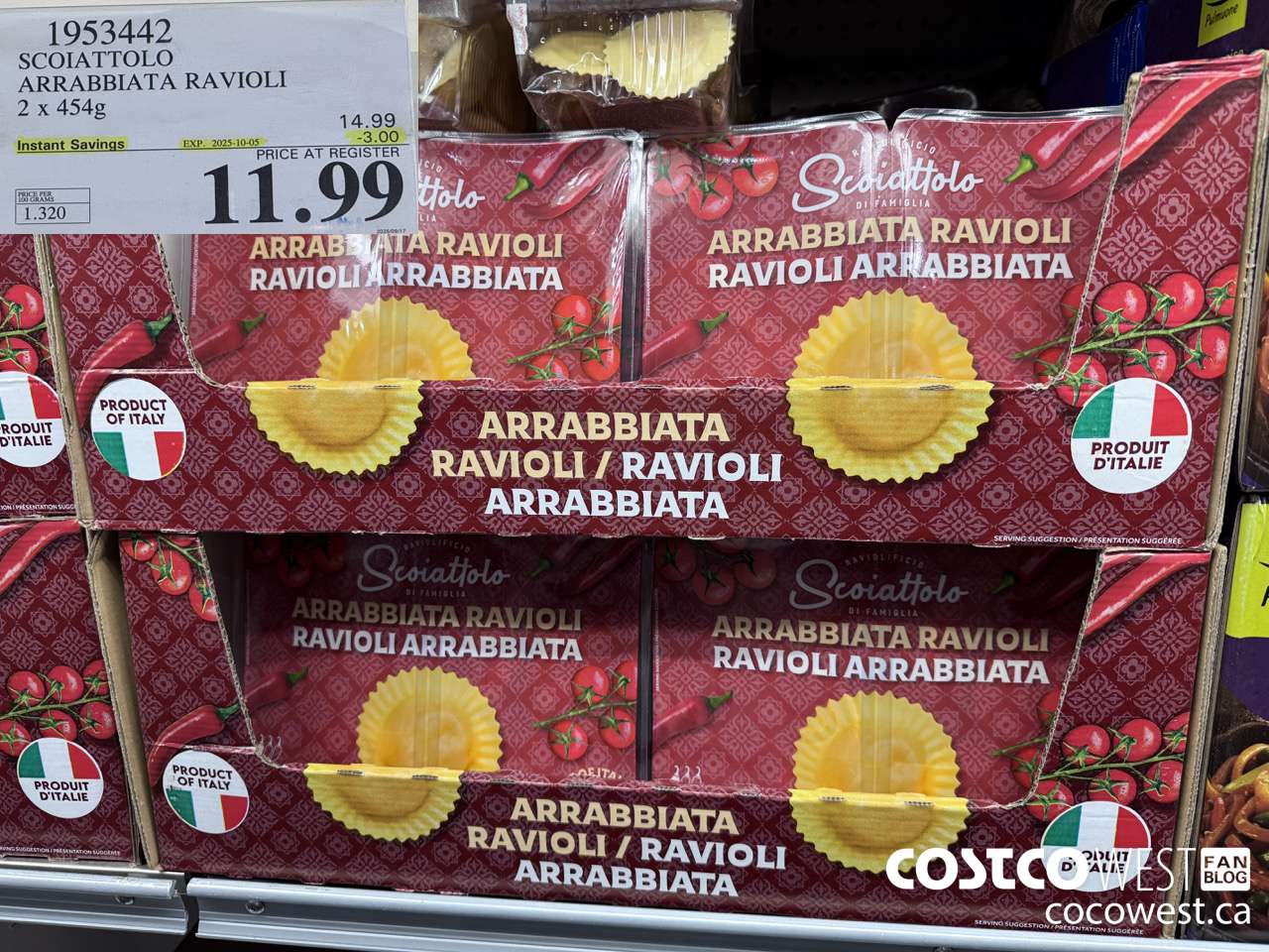 1953442 SCOIATTOLO ARRABBIATA RAVIOLI 2 X 454G ($3.00 INSTANT SAVINGS EXPIRES ON 2025-10-05) $11.99