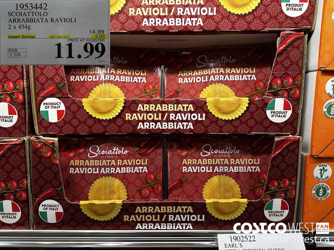 1953442 SCOIATTOLO ARRABBIATA RAVIOLI 2 X 454G ($3.00 INSTANT SAVINGS EXPIRES ON 2025-10-05) $11.99