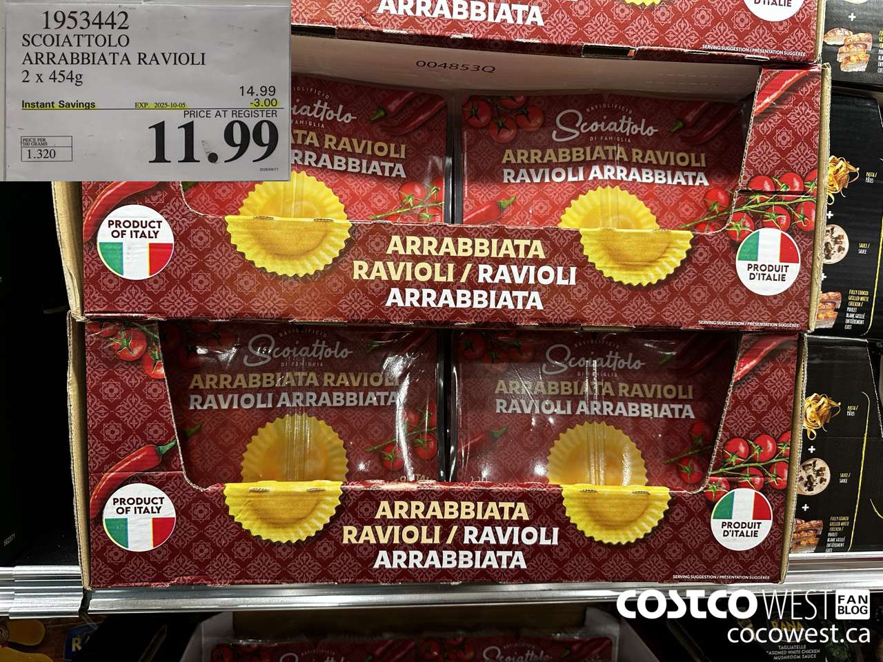 1953442 SCOIATTOLO ARRABBIATA RAVIOLI 2 X 454G ($3.00 INSTANT SAVINGS EXPIRES ON 2025-10-05) $11.99