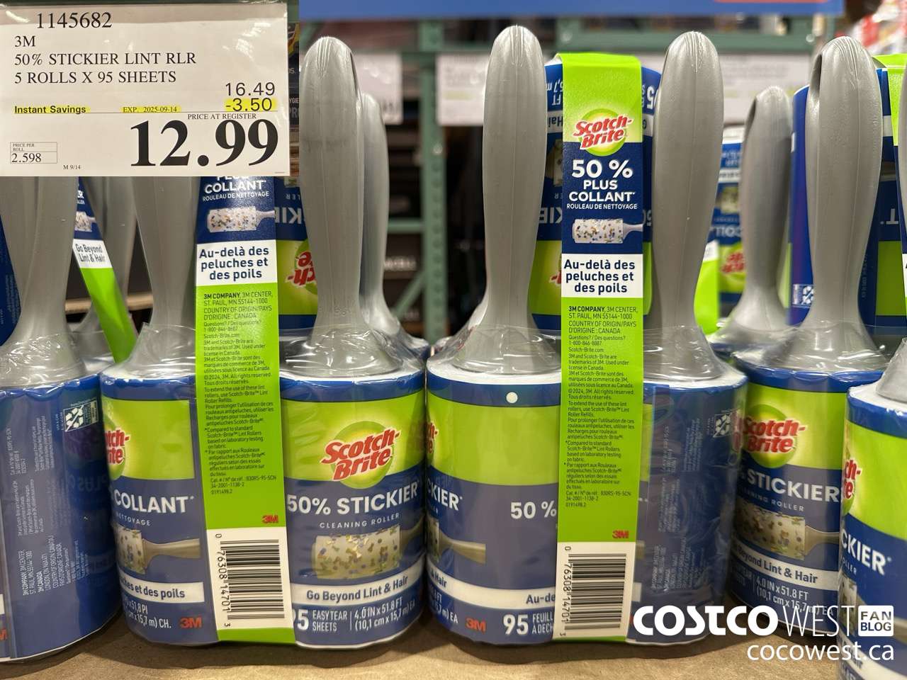 1145682 SCOTCH BRITE 50% STICKIER LINT RLR 5 ROLLS X 95 SHEETS ($3.50 INSTANT SAVINGS EXPIRES ON 2025-09-14) $12.99