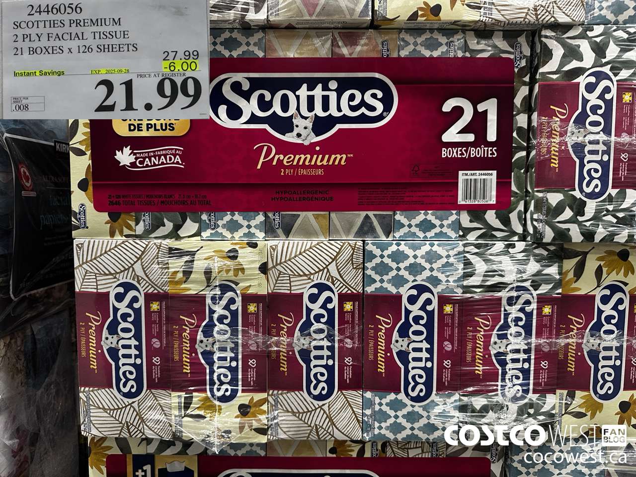 2446056 SCOTTIES PREMIUM 2 PLY FACIAL TISSUE 21 BOXES X 126 SHEETS ($6.00 INSTANT SAVINGS EXPIRES ON 2025-09-28) $21.99