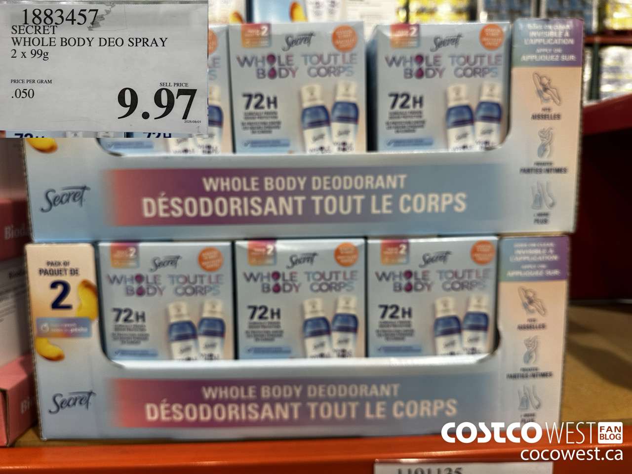 1883457 SECRET WHOLE BODY DEO SPRAY 2 X 99G $9.97