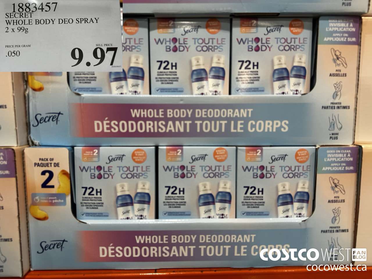 1883457 SECRET WHOLE BODY DEO SPRAY 2 X 99G $9.97