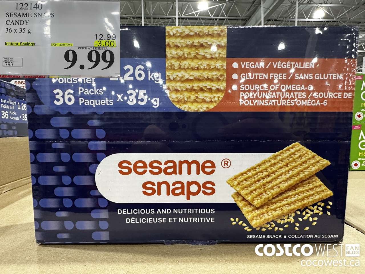 122140 SESAME SNAPS SESAME SNACKS 36 x 35 g ($3.00 INSTANT SAVINGS EXPIRES ON 2025-09-21) $9.99