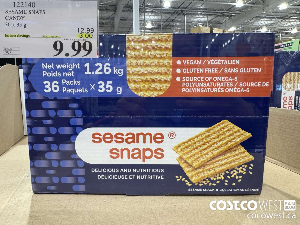 122140 SESAME SNAPS SESAME SNACKS 36 x 35 g ($3.00 INSTANT SAVINGS EXPIRES ON 2025-09-21) $9.99