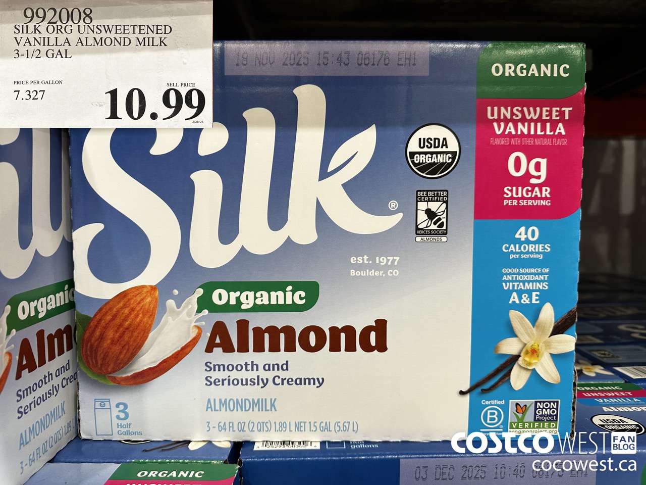 992008 SILK ORG UNSWEETENED VANILLA ALMOND MILK 3-1/2 GAL $10.99