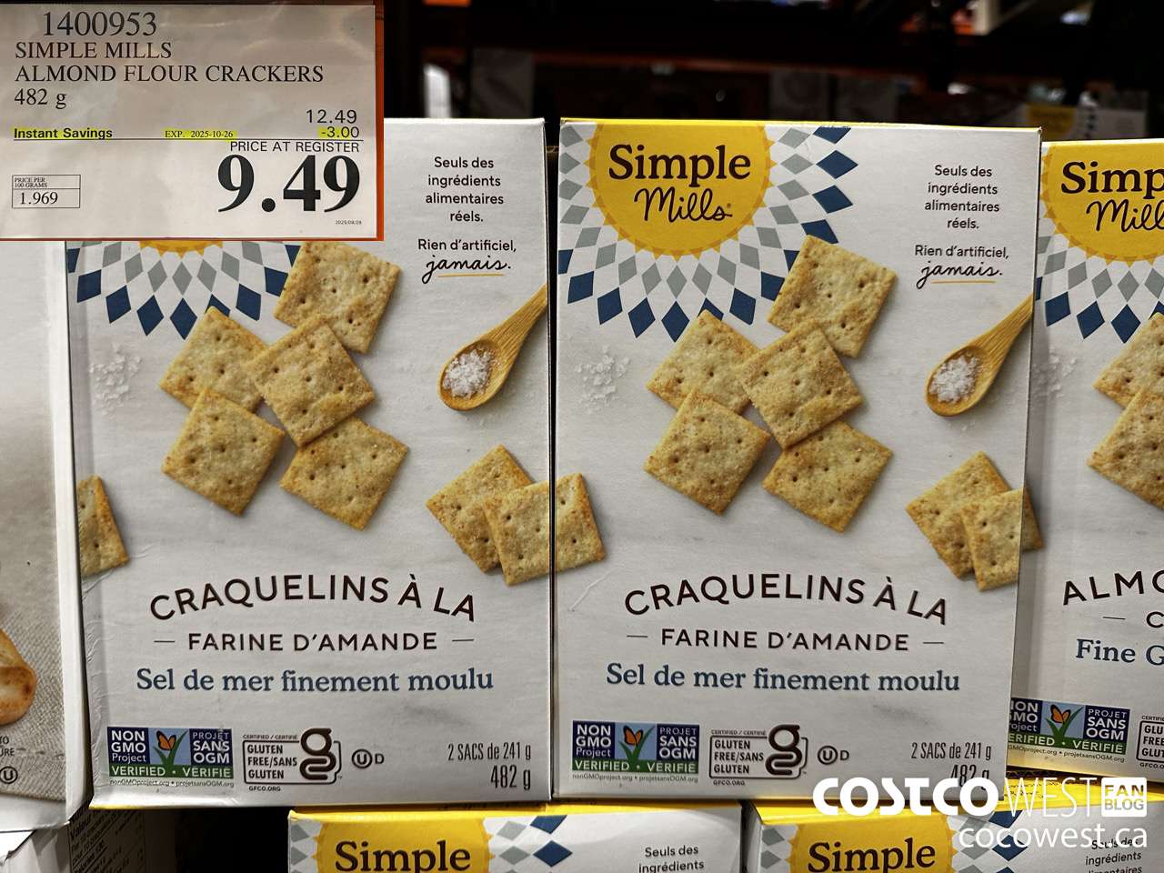 1400953 SIMPLE MILLS ALMOND FLOUR CRACKERS 482 g ($3.00 INSTANT SAVINGS EXPIRES ON 2025-10-26) $9.49