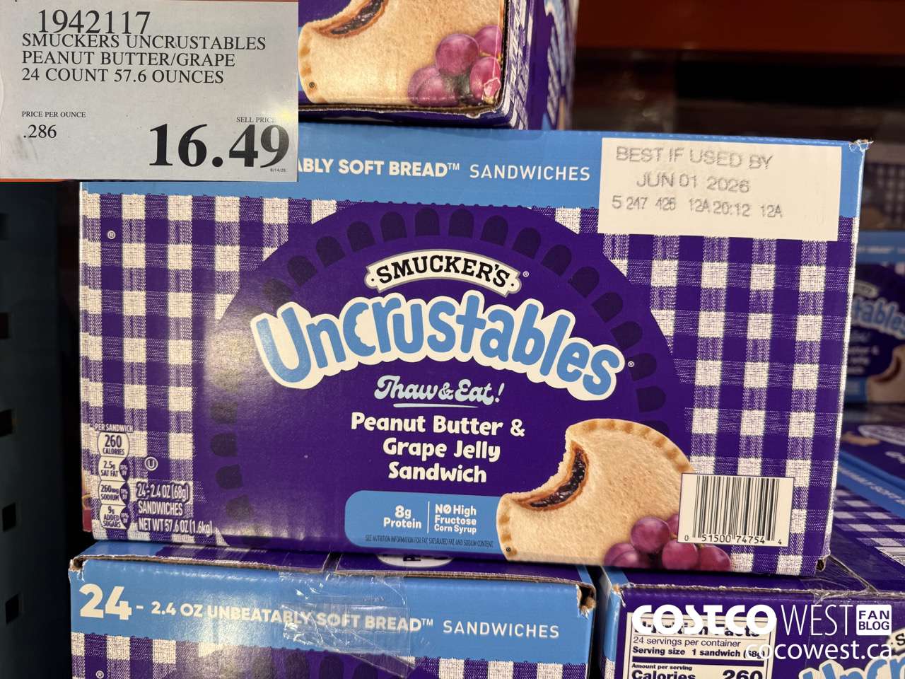 1942117 SMUCKERS UNCRUSTABLES PEANUT BUTTER/GRAPE 24 COUNT 57.6 OUNCES $16.49