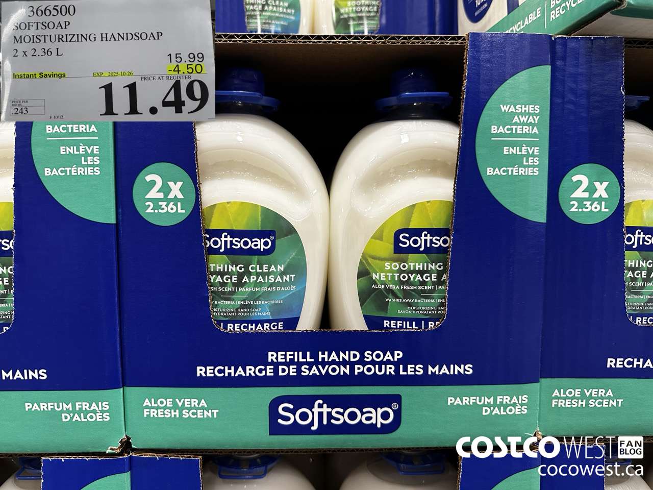 366500 SOFTSOAP HANDSOAP WITH ALOE 2 X 2.36L ($4.50 INSTANT SAVINGS EXPIRES ON 2025-10-26) $11.49