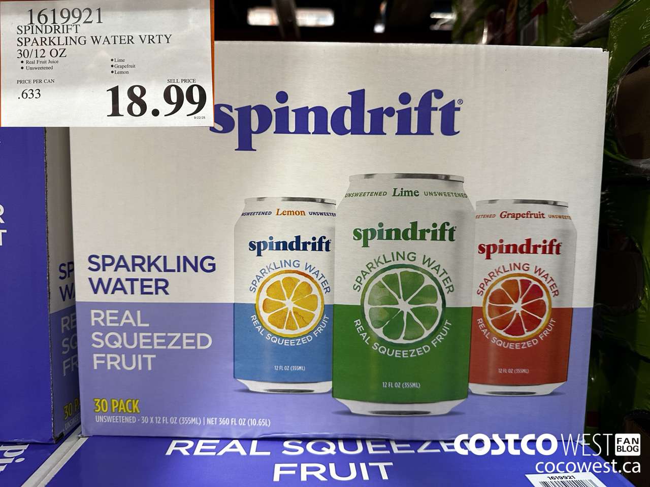 1619921 SPINDRIFT SPARKLING WATER VRTY 30/12 OZ $18.99