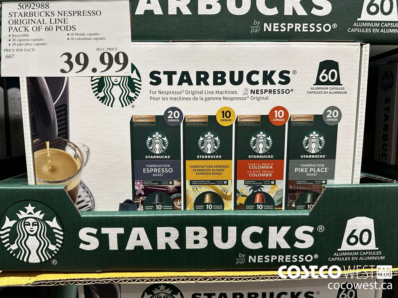5092988 STARBUCKS NESPRESSO ORIGINAL LINE PACK OF 60 PODS $39.99
