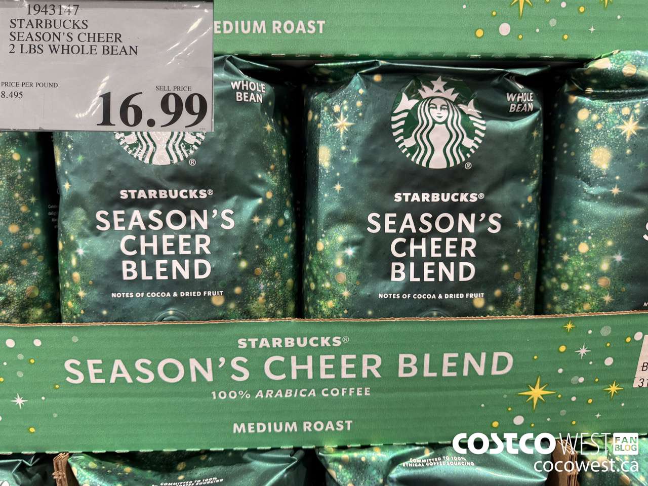 1943147 STARBUCKS SEASON'S CHEER 2 LBS WHOLE BEAN $16.99