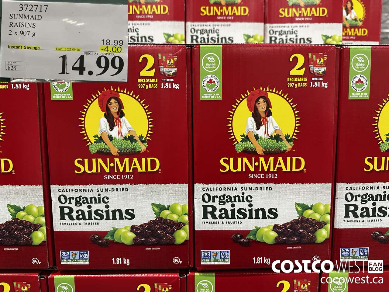 372717 SUNMAID ORGANIC RAISINS 2 X 907 G ($4.00 INSTANT SAVINGS EXPIRES ON 2025-09-28) $14.99