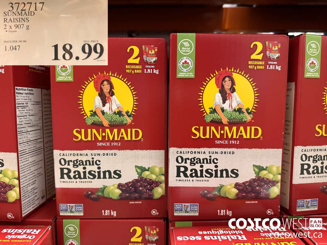 372717 SUNMAID ORGANIC RAISINS 2 X 907 G $18.99