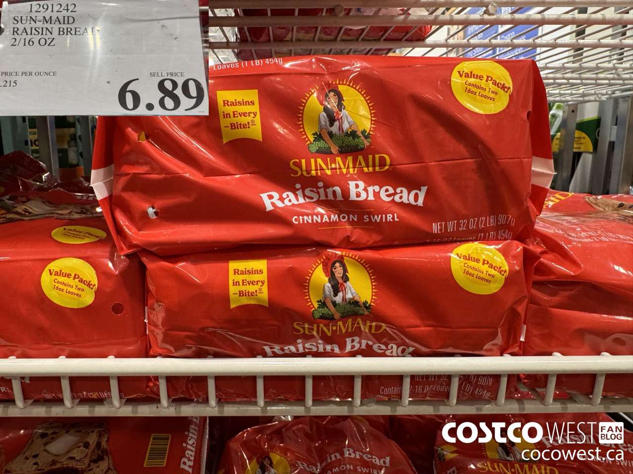 1291242 SUN-MAID RAISIN BREAD 2/16 OZ $6.89