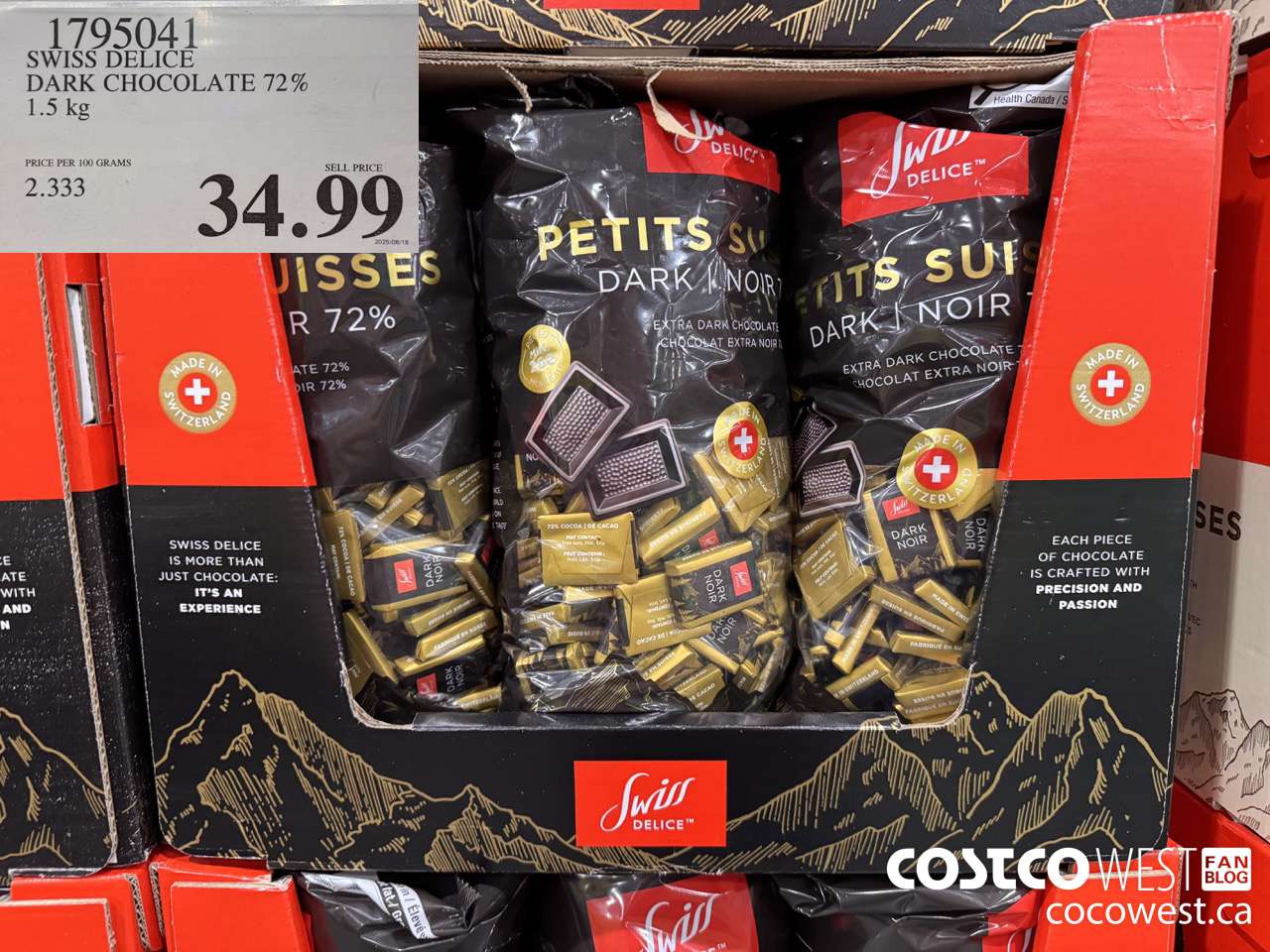 1795041 SWISS DELICE DARK CHOCOLATE 72% 1.5KG $34.99