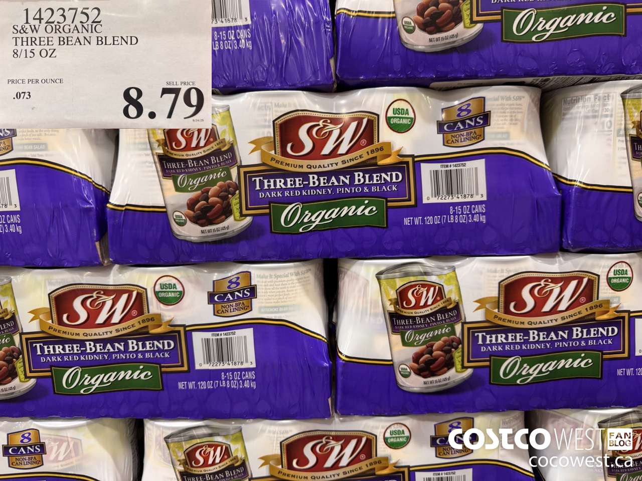 1423752 S&W ORGANIE THREE BEAN BLEND 8/15 OZ  $8.79