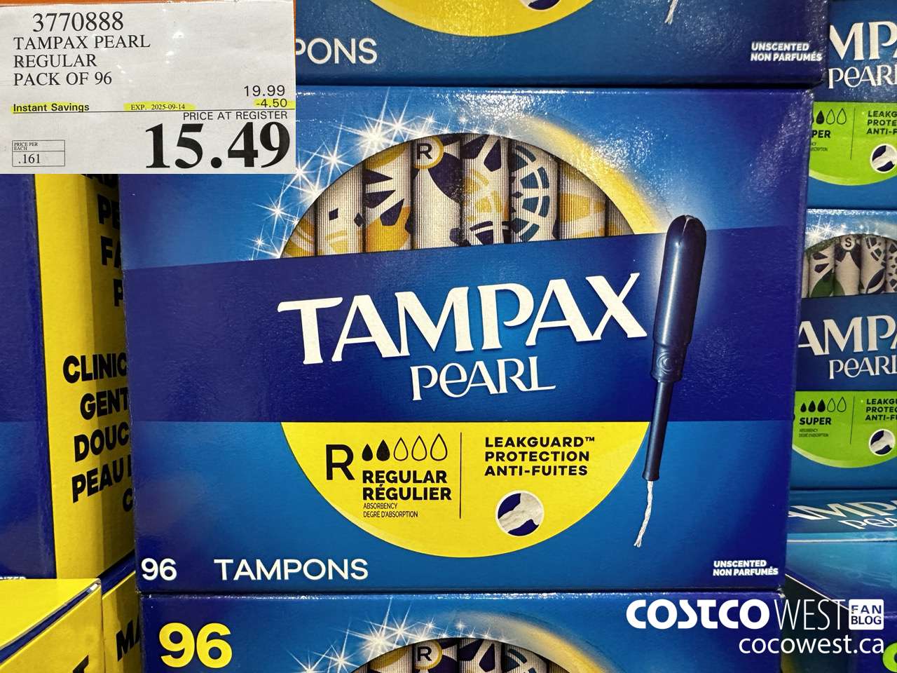 3770888 TAMPAX PEARL REGULAR PACK OF 95 ($4.50 INSTANT SAVINGS EXPIRES ON 2025-09-14) $15.49