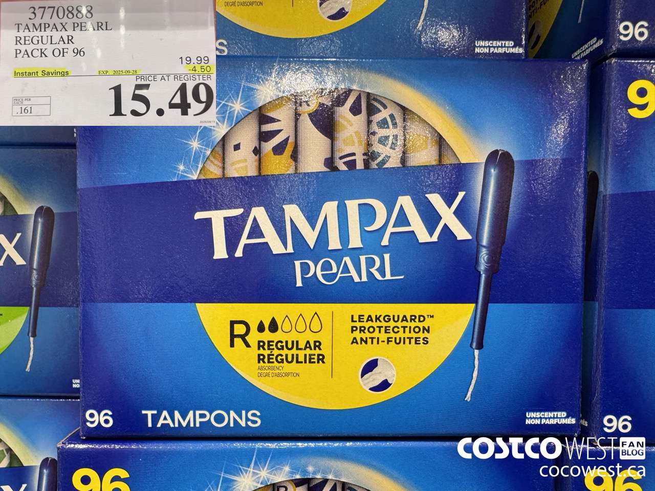 3770888 TAMPAX PEARL REGULAR PACK OF 95 ($4.50 INSTANT SAVINGS EXPIRES ON 2025-09-28) $15.49