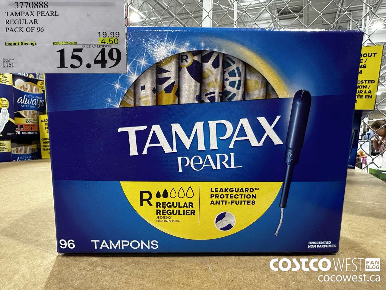 3770888 TAMPAX PEARL REGULAR PACK OF 95 ($4.50 INSTANT SAVINGS EXPIRES ON 2025-09-28) $15.49