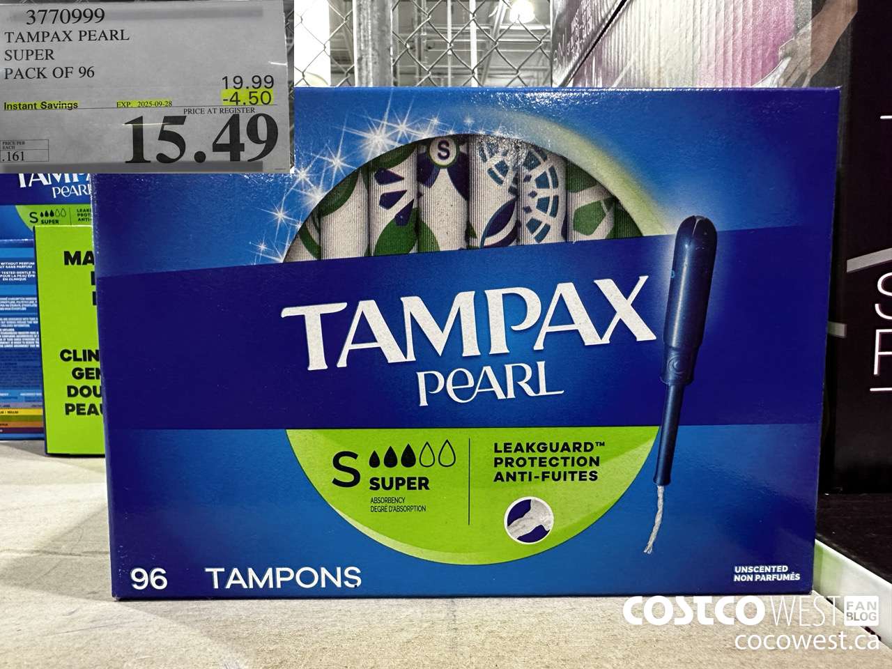 3770999 TAMPAX PEARL SUPER PACK OF 96 ($4.50 INSTANT SAVINGS EXPIRES ON 2025-09-28) $15.49