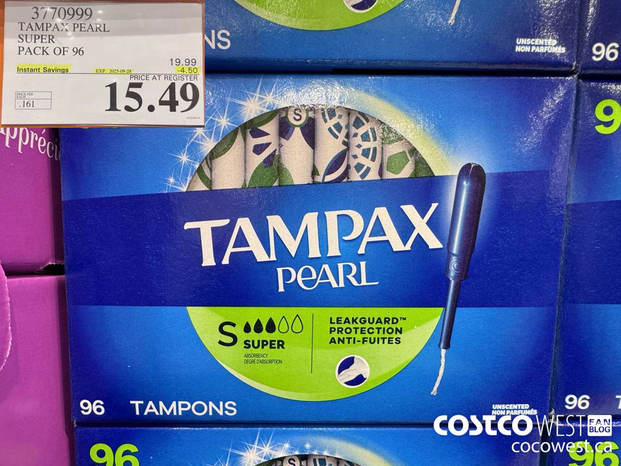 3770999 TAMPAX PEARL SUPER PACK OF 96 ($4.50 INSTANT SAVINGS EXPIRES ON 2025-09-28) $15.49