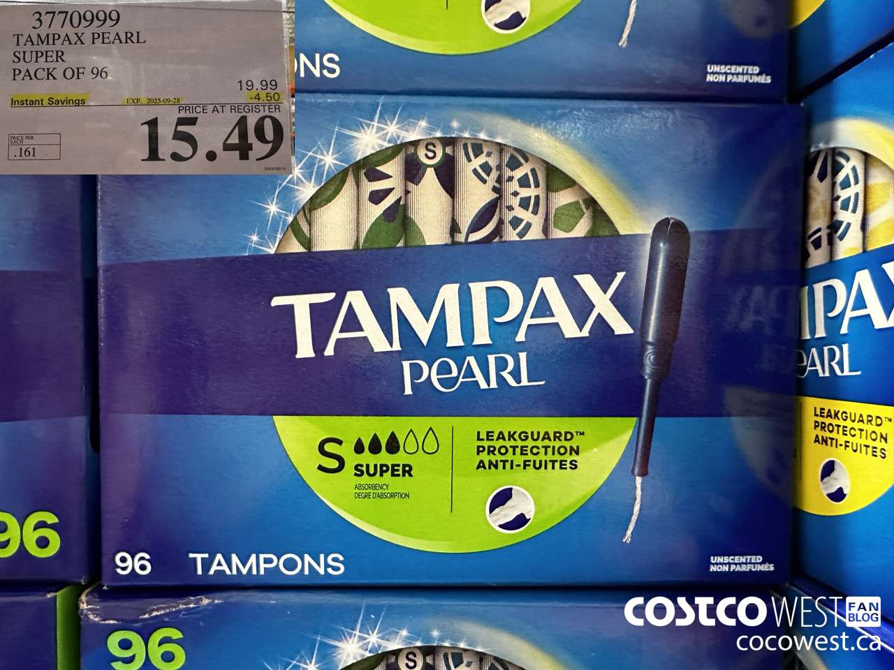 3770999 TAMPAX PEARL SUPER PACK OF 96 ($4.50 INSTANT SAVINGS EXPIRES ON 2025-09-28) $15.49