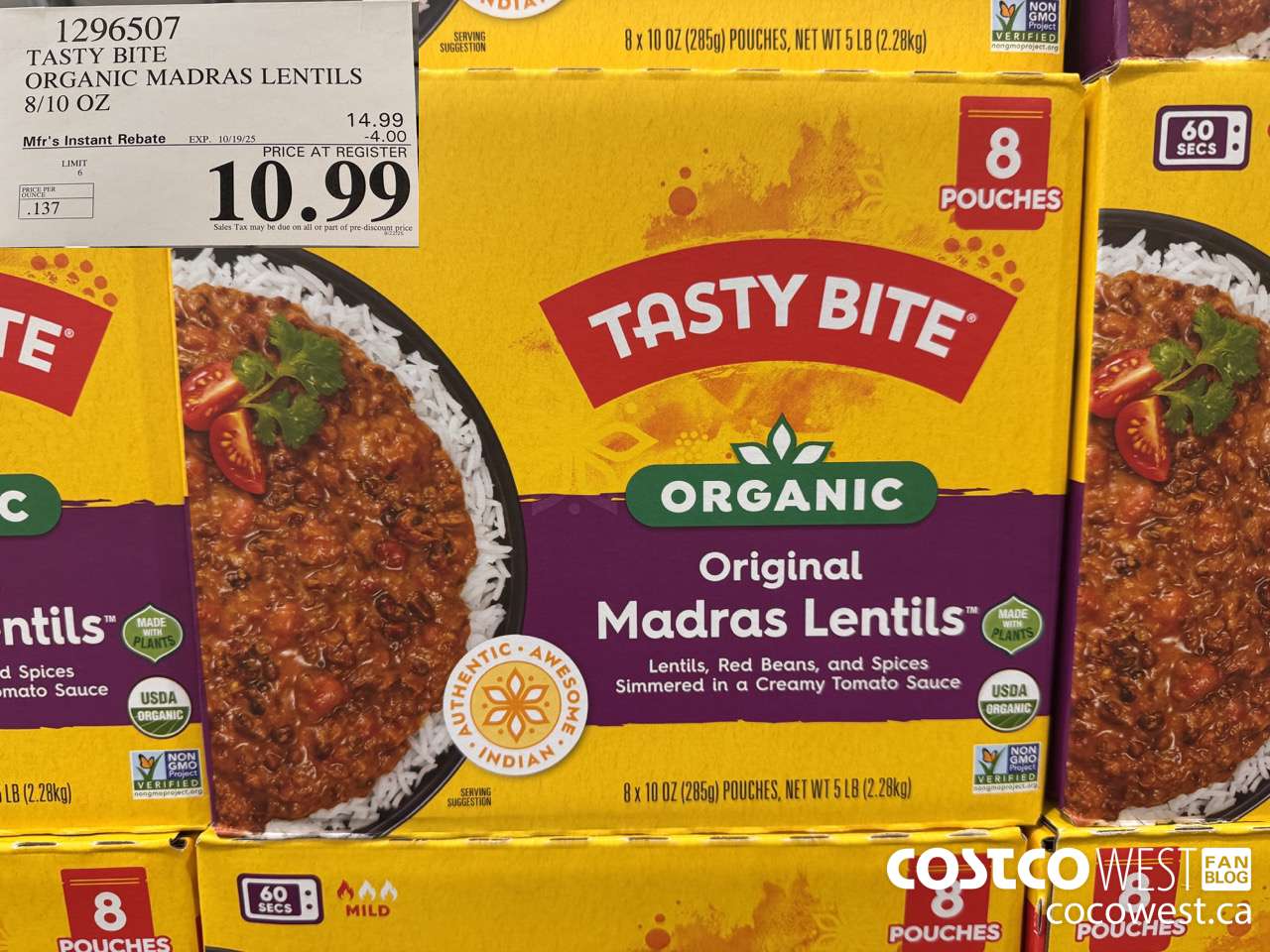 1296507 TASTY BITE ORGANIC MADRAS LENTILS 8/10 OZ ($4.00 INSTANT SAVINGS EXPIRES ON 2025-10-19) $10.99