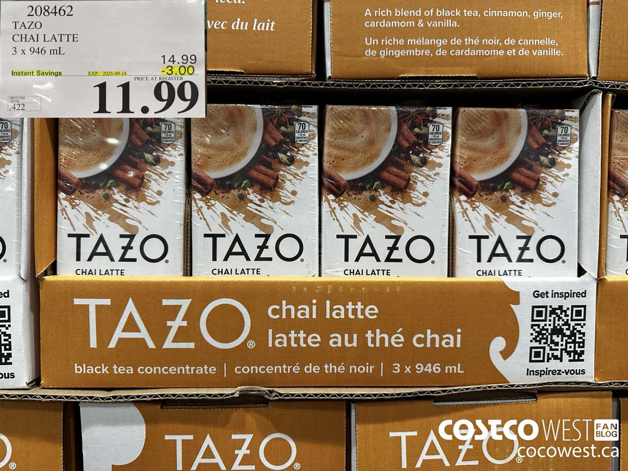 208462 TAZO CHAI LATTE 3 x 946 mL ($3.00 INSTANT SAVINGS EXPIRES ON 2025-09-14) $11.99