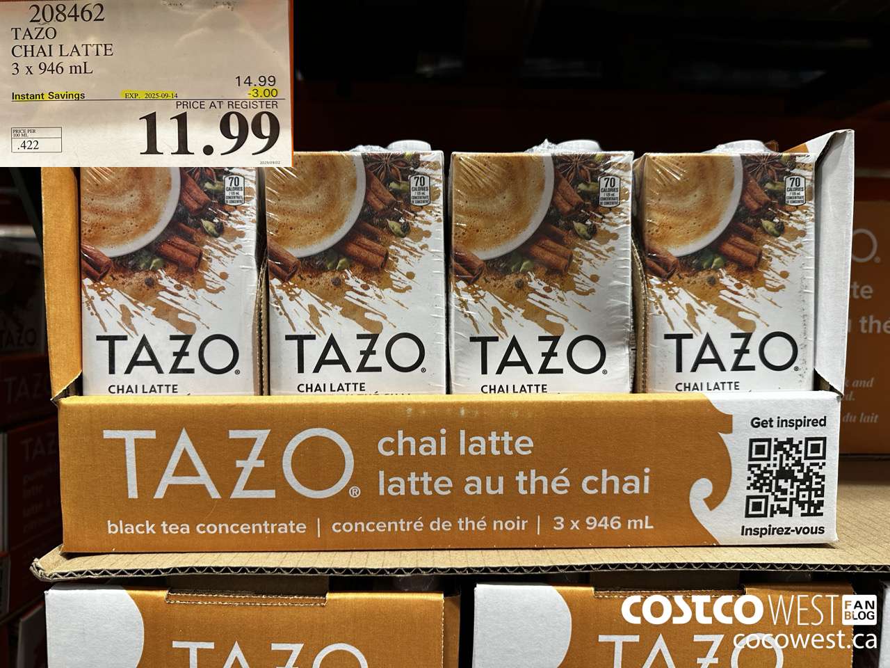 208462 TAZO CHAI LATTE 3 x 946 mL ($3.00 INSTANT SAVINGS EXPIRES ON 2025-09-14) $11.99