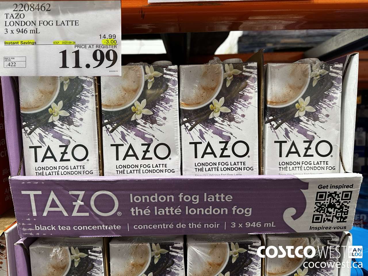 2208462 TAZO LONDON FOG LATTE 3 X 946ML ($3.00 INSTANT SAVINGS EXPIRES ON 2025-09-28) $11.99
