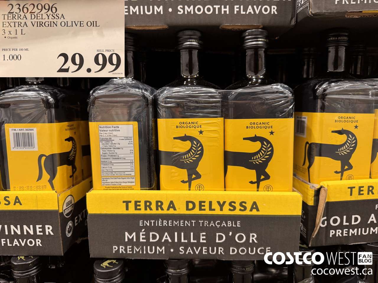362996 TERRA DELYSSA ORGANIC EXTRA VIRGIN OLIVE OIL 2 x 1 L $29.99