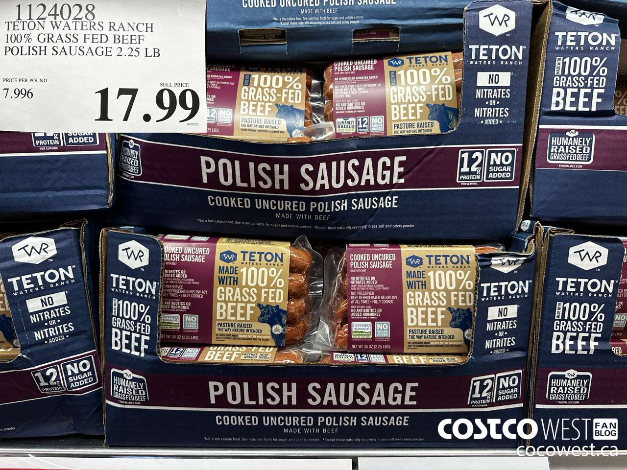 1124028 TETON WATERS RANCH 100% GRASS FED BEEF POLISH SAUSAGE 2.25 LB $17.99