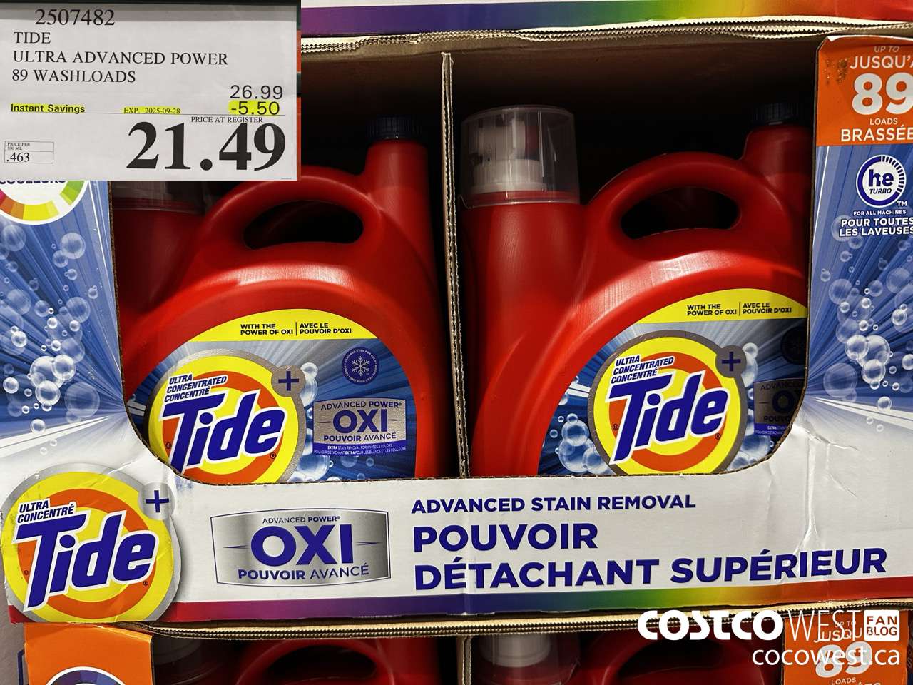 2507482 TIDE ADVANCED POWER LIQUID DETERGENT 4.64 L 89 WASHLOADS ($5.50 INSTANT SAVINGS EXPIRES ON 2025-09-28) $21.49