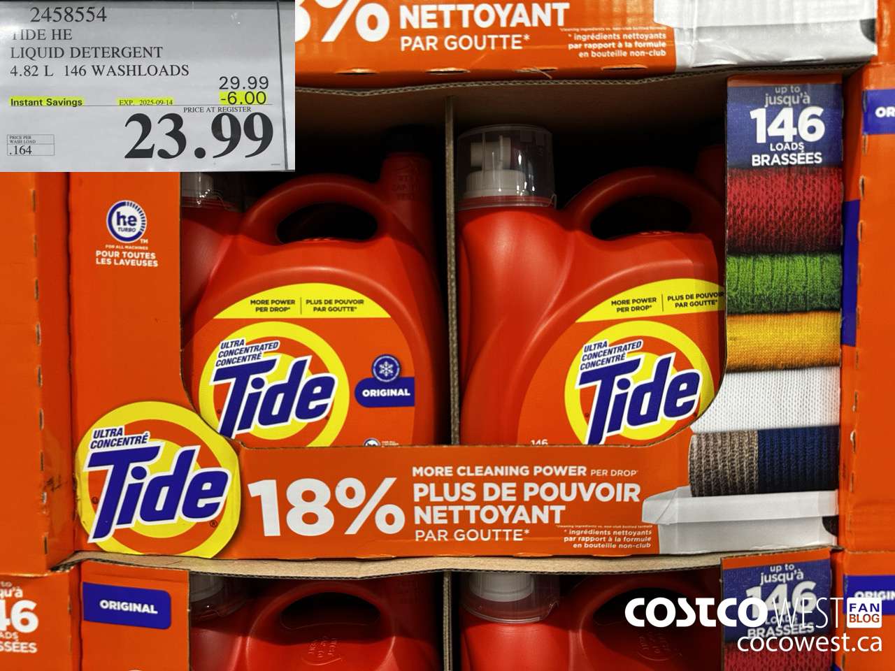 2458554 TIDE HE LIQUID DETERGENT 4.82 L 146 WASHLOADS ($6.00 INSTANT SAVINGS EXPIRES ON 2025-09-14) $23.99