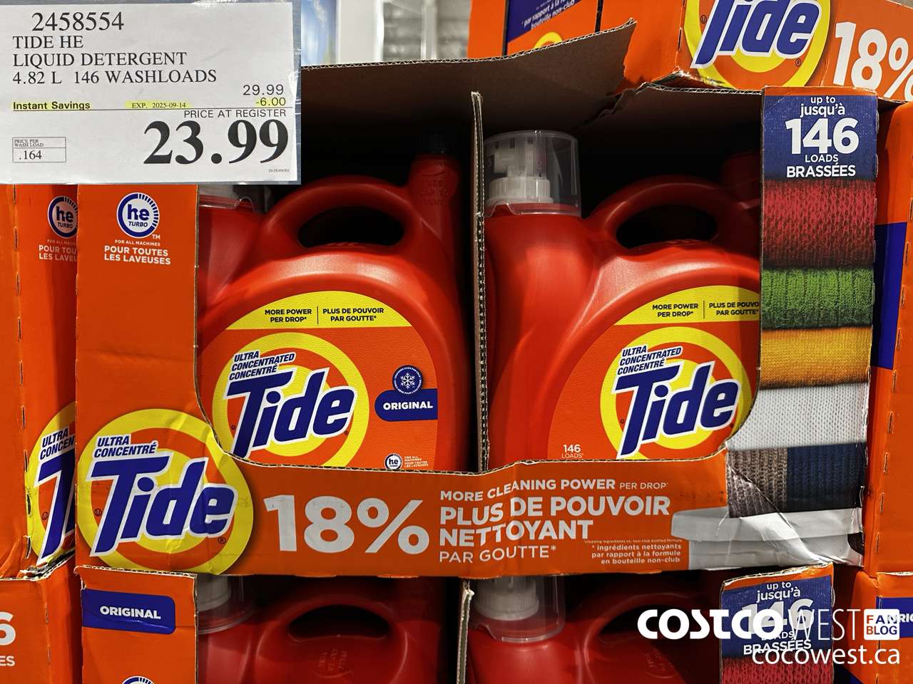2458554 TIDE HE LIQUID DETERGENT 4.82 L 146 WASHLOADS ($6.00 INSTANT SAVINGS EXPIRES ON 2025-09-14) $23.99