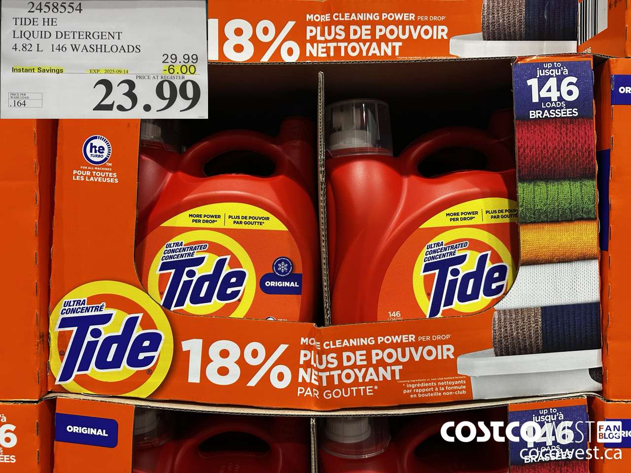 2458554 TIDE HE LIQUID DETERGENT 4.82 L 146 WASHLOADS ($6.00 INSTANT SAVINGS EXPIRES ON 2025-09-14) $23.99