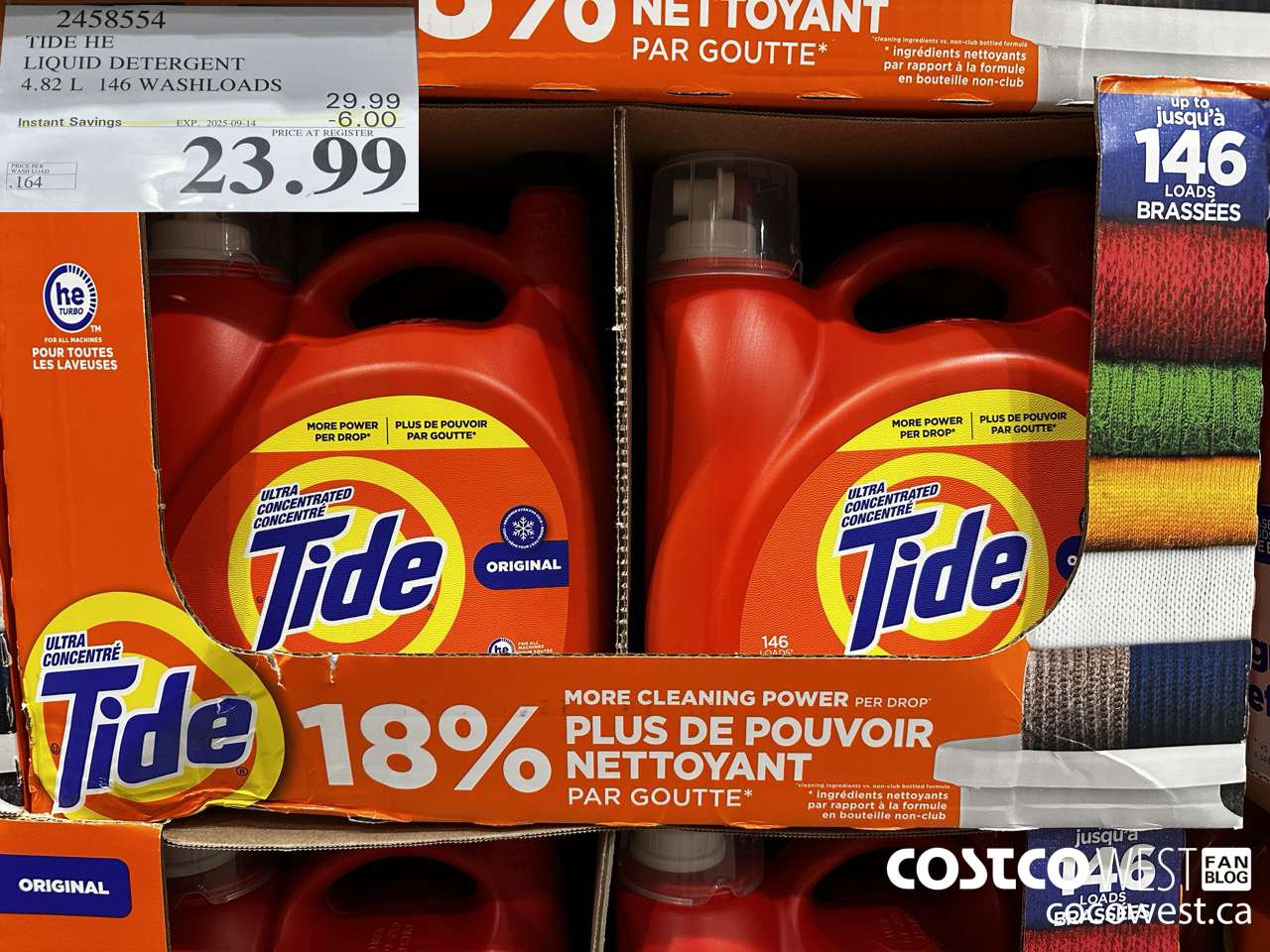 2458554 TIDE HE LIQUID DETERGENT 4.82 L 146 WASHLOADS ($6.00 INSTANT SAVINGS EXPIRES ON 2025-09-14) $23.99
