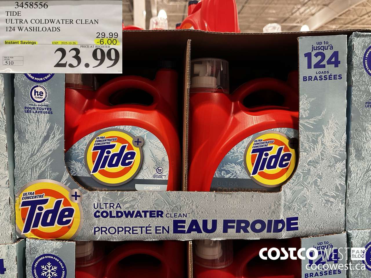 3458556 TIDE LIQUID COLDWATER HE 4.7L 124 WASHLOADS ($6.00 INSTANT SAVINGS EXPIRES ON 2025-10-26) $23.99