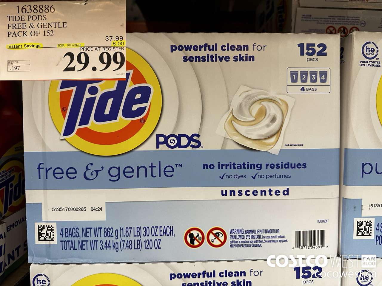 1638886 TIDE PODS FREE & GENTLE 152 pacs ($8.00 INSTANT SAVINGS EXPIRES ON 2025-09-28) $29.99