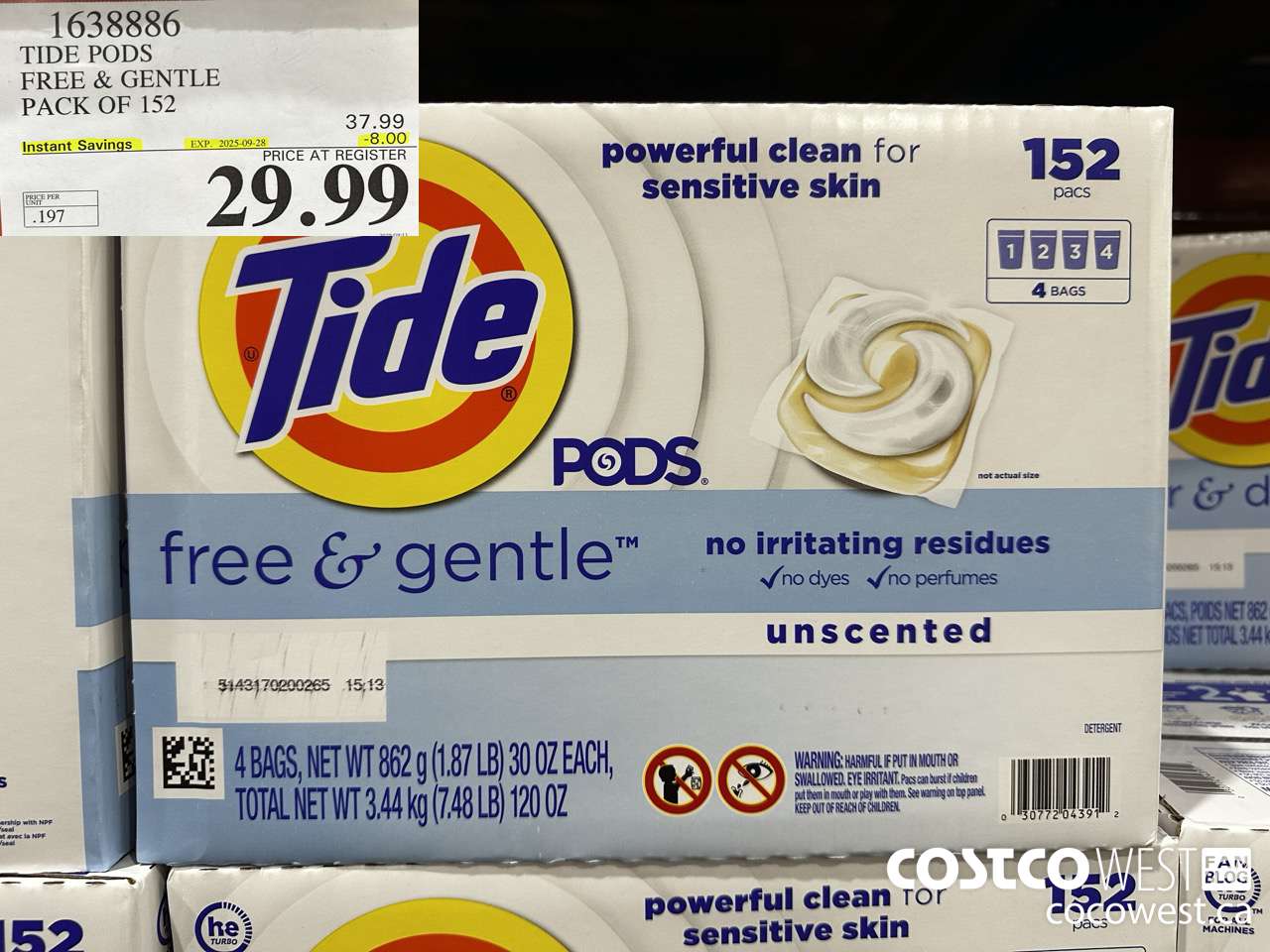 1638886 TIDE PODS FREE & GENTLE 152 pacs ($8.00 INSTANT SAVINGS EXPIRES ON 2025-09-28) $29.99